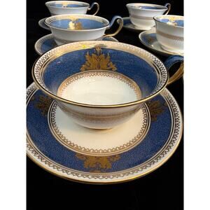 6 Sets Wedgwood Columbia Powder Blue Peony Cup & Saucer Sets  Gold Trim  England
